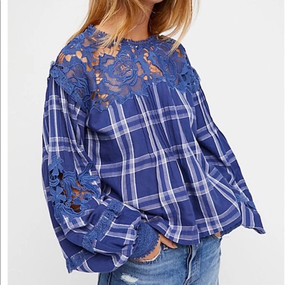 Free People Navy Plaid Top - Picture 2 of 8